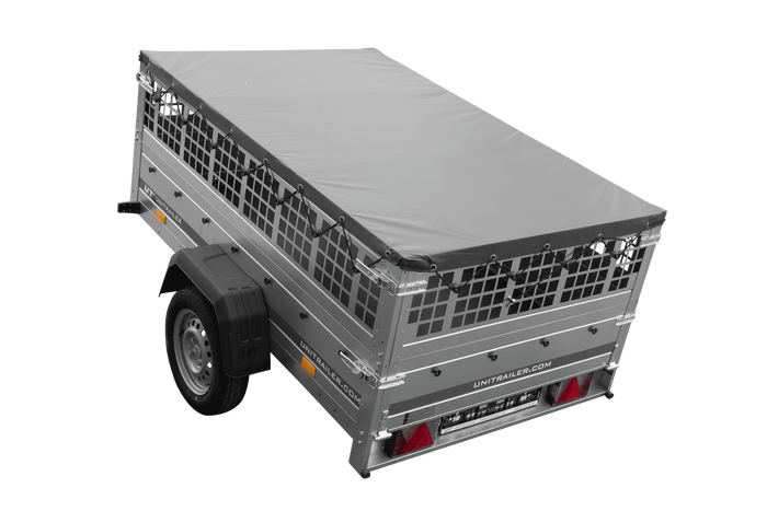 Jednonápravový přívěs 200x125 UNITRAILER GARDEN 201 KIPP s pletivovými bočnicemi a šedou plachtou