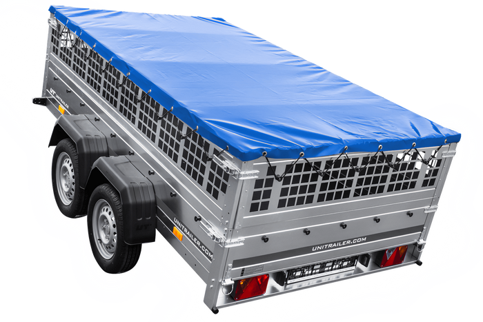 Lehký přívěs 264x150 UNITRAILER GARDEN 265/2 KIPP s pletivovými bočnicemi, rámem H-0 a modrým krytem