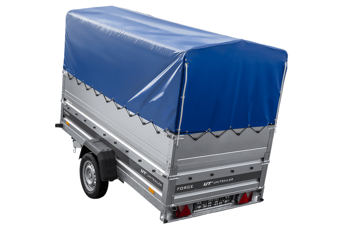 Lehký přívěs na pružinách 264x125 UNITRAILER FORCE 264/R KIPP s bočnicemi BIS, rámem H-800 a modrým krytem