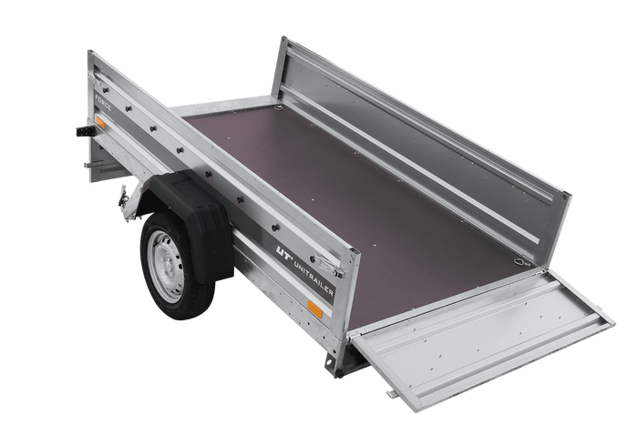 Jednonápravový přívěs 230x125 UNITRAILER FORCE 230 KIPP s pletivovými bočnicemi, rámem H-0 a šedým krytem