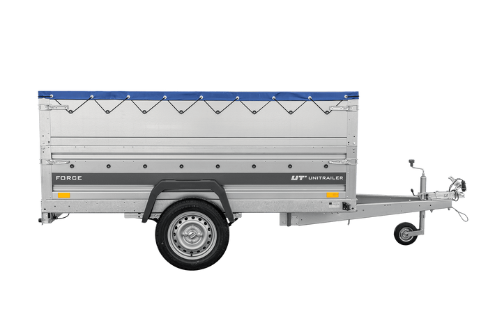 Přívěs za auto na pružinách 230x125 UNITRAILER FORCE 230/R KIPP s bočnicemi BIS, rámem H-0 a modrým krytem