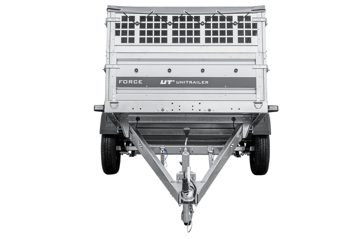 Lehký přívěs na pružinách 230x125 UNITRAILER FORCE 230/R KIPP s pletivovými bočnicemi, rámem H-0 a šedým krytem