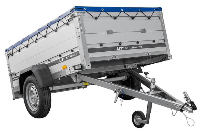 Přívěs za auto s hliníkovými bočnicemi 200x125 Unitrailer Garden 201 KIPP ALU s bočnicemi BIS, rámem H-0 a modrým krytem