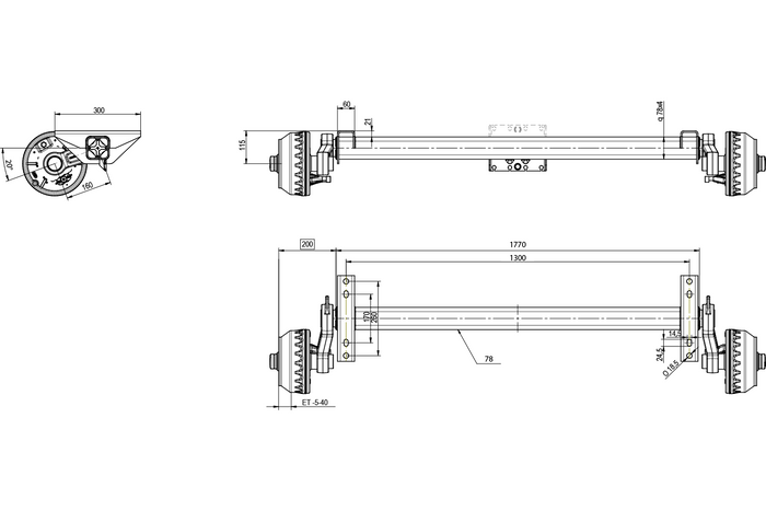 KNOTT VGB15M/MV brzděná náprava pro přívěs / odtahový vůz 1500kg 1300mm 1770mm 5x112