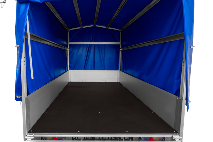 Přívěs za auto s hliníkovými bočnicemi 230x125 Unitrailer Garden 230 KIPP ALU s rámem H1100 a modrým krytem