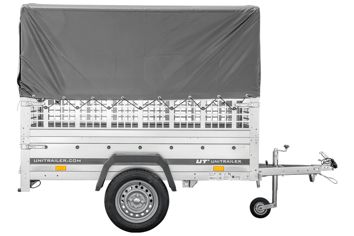 Přívěs za auto 200x106 UNITRAILER GARDEN 200 KIPP s pletivovými bočnicemi, rámem H-800 a šedým krytem