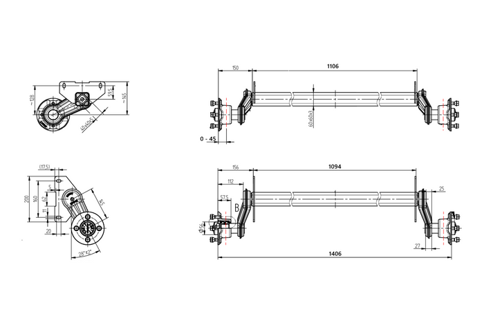 Nebrzděná náprava KNOTT VG7-L pro lodní přívěs 750 kg 1094 mm 1406 mm 4x100