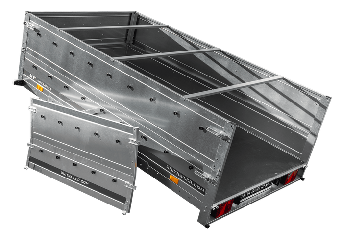 Přívěs za auto 264x150 UNITRAILER GARDEN 265 KIPP s bočnicemi BIS, rámem H-0 a šedou plachtou