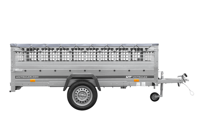 Lehký přívěs 264x150 UNITRAILER GARDEN 265 KIPP s bočnicemi z pletiva, rámem H-0 a šedým krytem