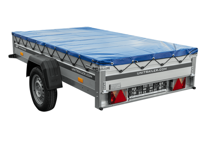 Jednonápravový přívěs s hliníkovými bočnicemi 230x125 Unitrailer Garden 230 KIPP ALU s rámem H-0 a modrým krytem