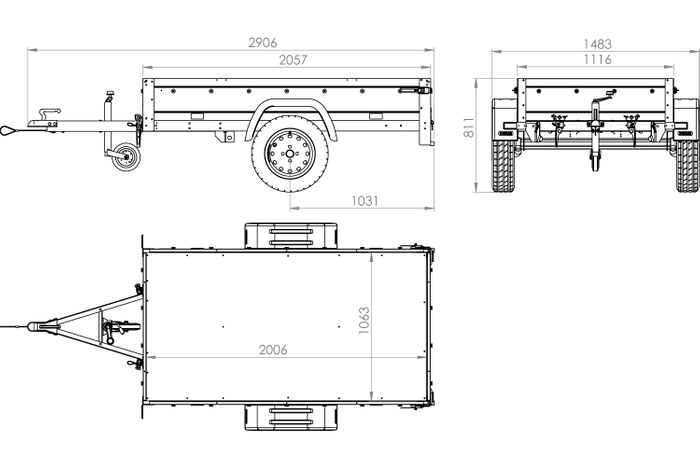 Přívěs za auto 200x106 UNITRAILER GARDEN 200 KIPP s pletivovými bočnicemi, rámem H-800 a šedým krytem