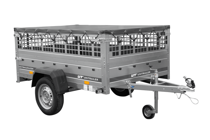 Jednonápravový přívěs 200x125 UNITRAILER GARDEN 201 KIPP s pletivovými bočnicemi a šedou plachtou