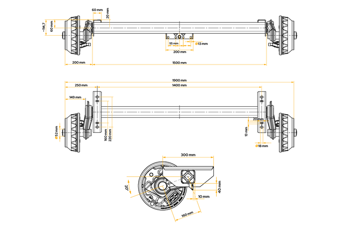 Brzděná náprava KNOTT VGB18MV pro přívěs/nosič 1800 kg 1400 mm 1900 mm 5x112