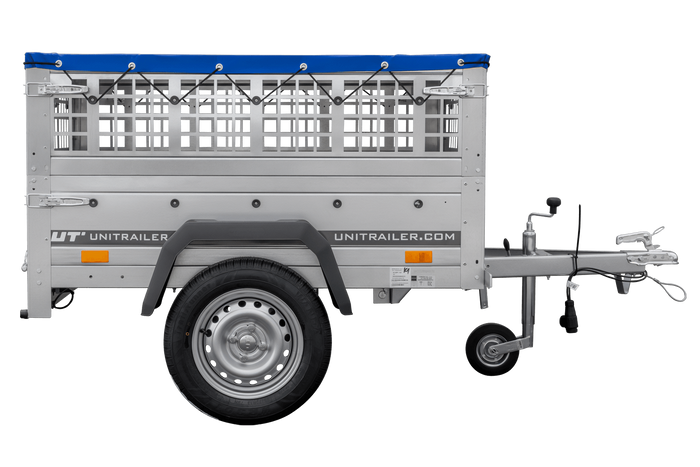 Přívěs za auto 150x106 UNITRAILER GARDEN 150 KIPP s pletivovými bočnicemi a modrým krytem
