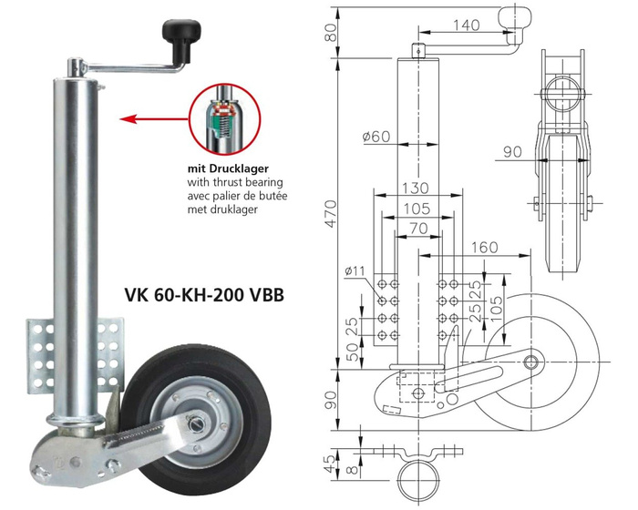 WINTERHOFF VK60-KH-200VBB automatické podpěrné kolo s rukojetí 250 kg 60 mm 560-1030 mm