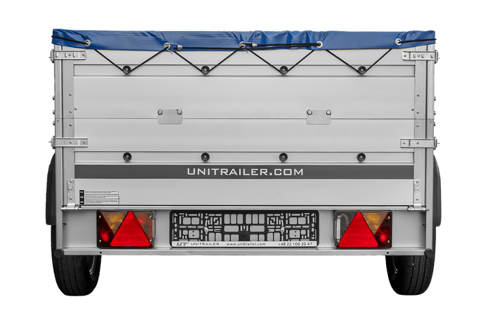 Přívěs za auto s hliníkovými bočnicemi 200x125 Unitrailer Garden 201 KIPP ALU s bočnicemi BIS, rámem H-0 a modrým krytem