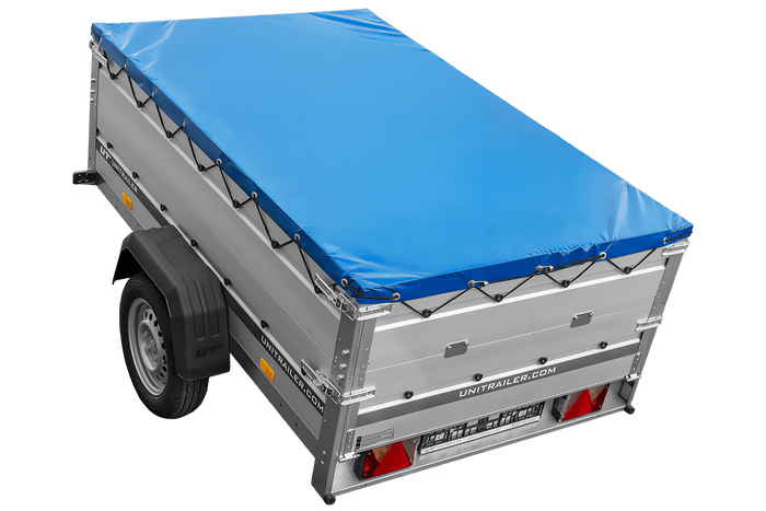 Přívěs za auto s hliníkovými bočnicemi 200x125 Unitrailer Garden 201 KIPP ALU s bočnicemi BIS, rámem H-0 a modrým krytem