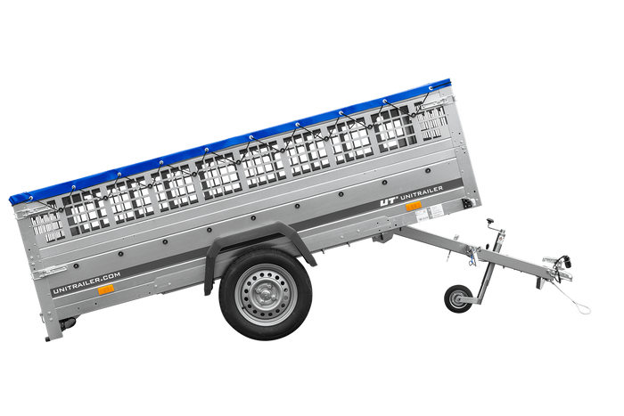 Lehký přívěs 264x150 UNITRAILER GARDEN 265 KIPP s pletivovými bočnicemi, rámem H-0 a modrým krytem