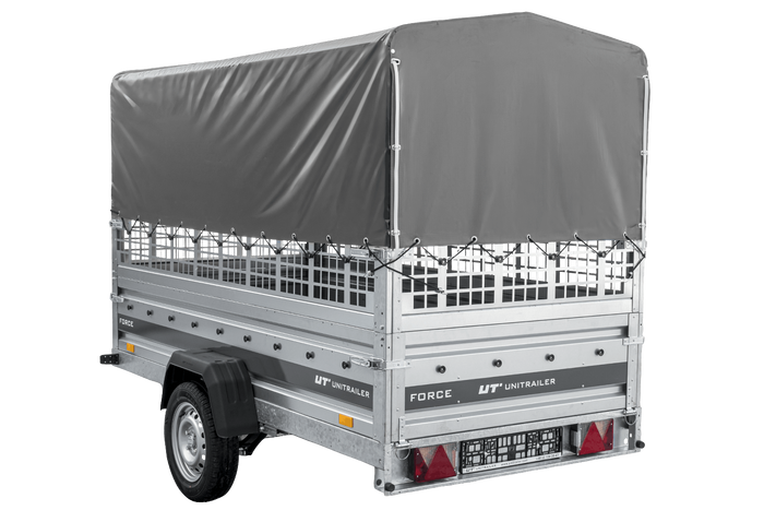 Přívěs za auto na pružinách 264x125 UNITRAILER FORCE 264/R KIPP s pletivovými bočnicemi, rámem H-800 a šedým krytem