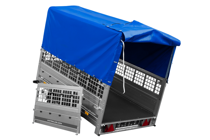 Jednonápravový přívěs na pružinách 200x125 UNITRAILER GARDEN 201/R KIPP s pletivovými bočnicemi, rámem H-800 a modrým krytem