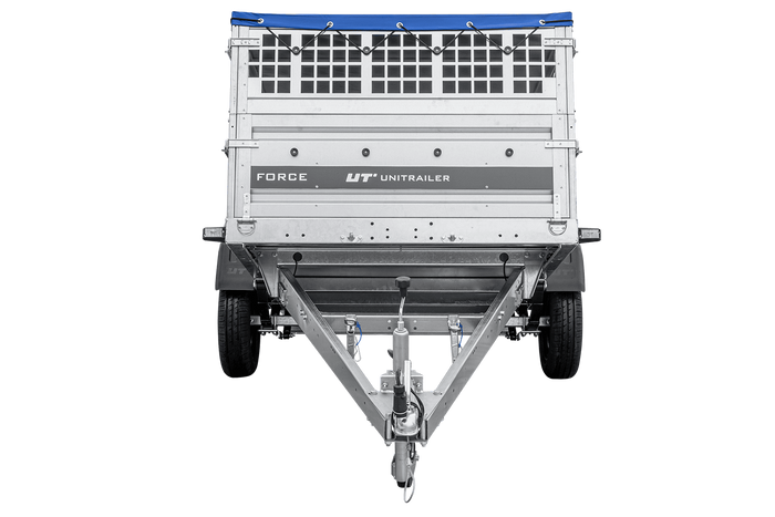 Lehký přívěs na pružinách 230x125 UNITRAILER FORCE 230/R KIPP s pletivovými bočnicemi, rámem H-0 a modrým krytem