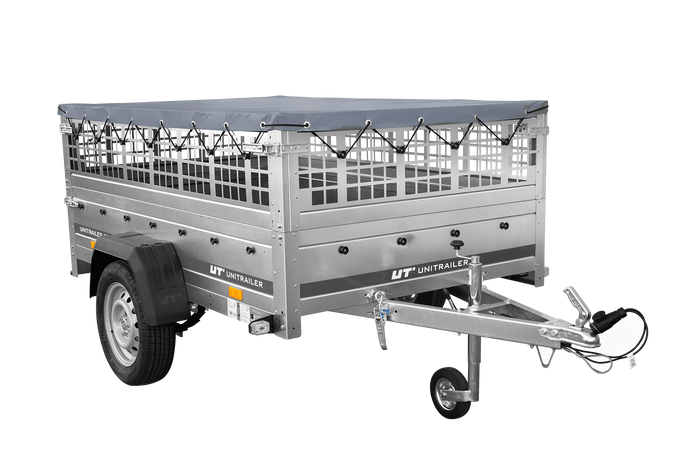 Přívěs za auto na pružinách 200x125 UNITRAILER GARDEN 201/R KIPP s pletivovými bočnicemi, rámem H-0 a šedým krytem