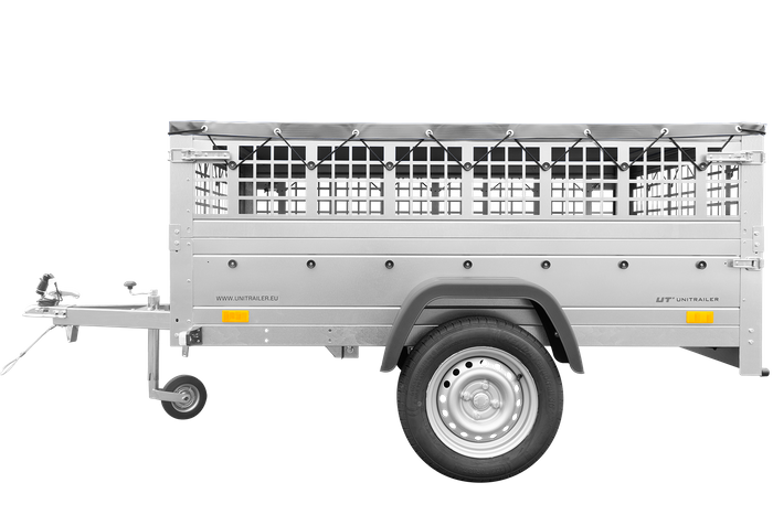 Přívěs za auto 200x125 UNITRAILER GARDEN 201 KIPP s pletivovými bočnicemi, rámem H-0 a šedým krytem
