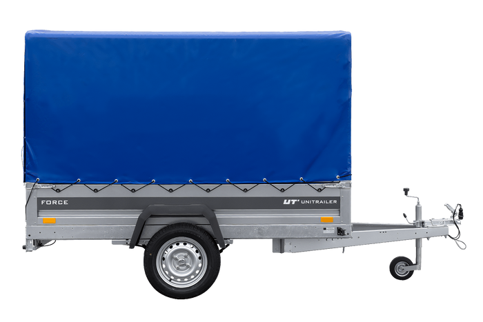 Přívěs za auto na pružinách 230x125 UNITRAILER FORCE 230/R KIPP s rámem H-1100 a modrým krytem