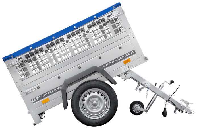 Přívěs za auto 150x106 UNITRAILER GARDEN 150 KIPP s pletivovými bočnicemi a modrým krytem