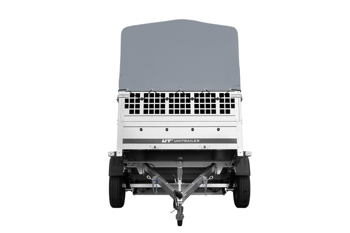 Jednonápravový přívěs na pružinách 200x125 UNITRAILER GARDEN 201/R KIPP s pletivovými bočnicemi, rámem H-800 a šedým krytem