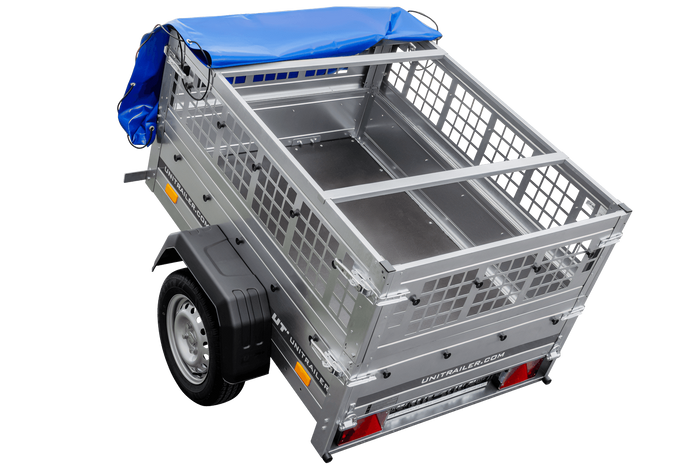 Přívěs za auto 150x106 UNITRAILER GARDEN 150 KIPP s pletivovými bočnicemi a modrým krytem