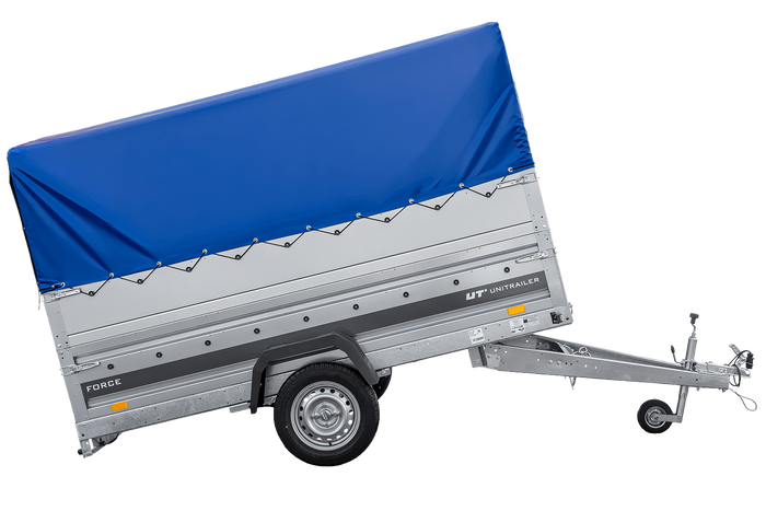 Lehký přívěs na pružinách 264x125 UNITRAILER FORCE 264/R KIPP s bočnicemi BIS, rámem H-800 a modrým krytem
