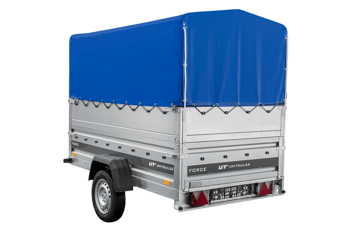 Přívěs za auto 230x125 UNITRAILER FORCE 230 KIPP s bočnicemi BIS, rámem H-800 a modrým krytem