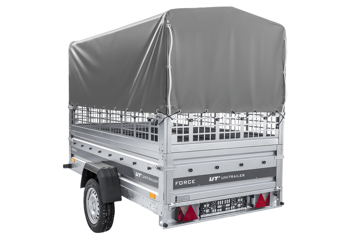 Jednonápravový přívěs 230x125 UNITRAILER FORCE 230 KIPP s pletivovými bočnicemi, rámem H-800 a šedým krytem