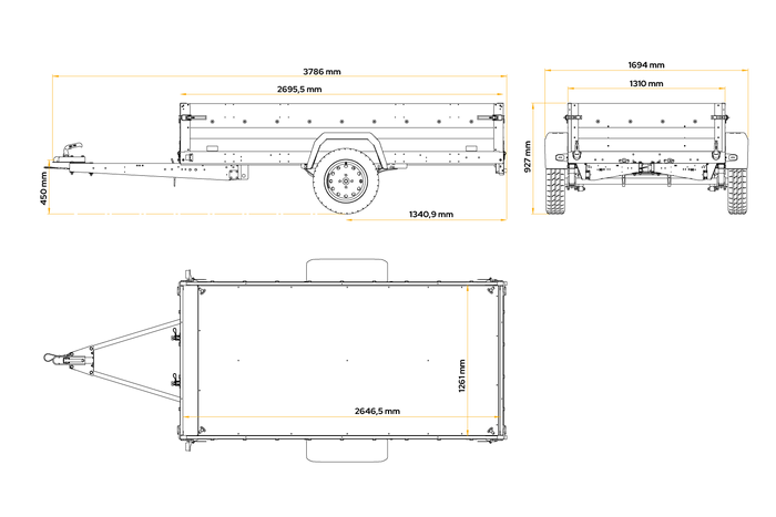 Jednonápravový přívěs na pružinách 264x125 UNITRAILER FORCE 264/R KIPP s rámem H-800 a modrým krytem