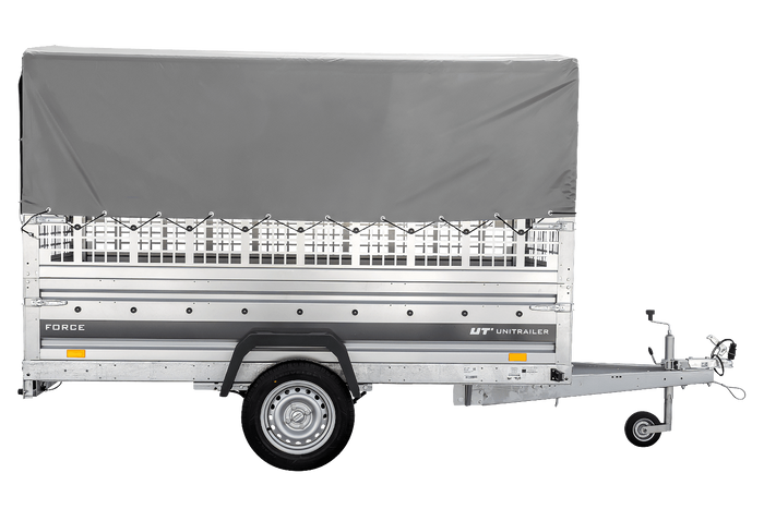 Přívěs za auto na pružinách 264x125 UNITRAILER FORCE 264/R KIPP s pletivovými bočnicemi, rámem H-800 a šedým krytem