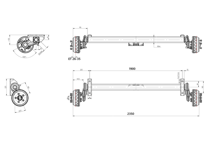 Brzděná náprava KNOTT VGB13M pro přívěs/nosič automobilů 1350 kg 1900 mm 2350 mm 5x112