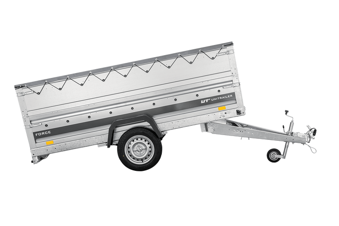 Jednonápravový přívěs na pružinách 264x125 UNITRAILER FORCE 264/R KIPP s bočnicemi BIS, rámem H-0 a šedou plachtou