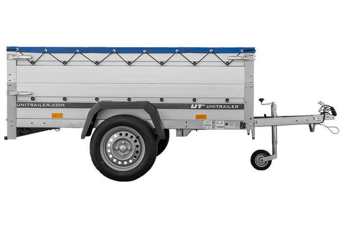 Přívěs za auto s hliníkovými bočnicemi 200x125 Unitrailer Garden 201 KIPP ALU s bočnicemi BIS, rámem H-0 a modrým krytem