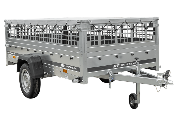 Jednonápravový přívěs 264x125 UNITRAILER GARDEN 264 KIPP s pletivovými bočnicemi a šedou plachtou