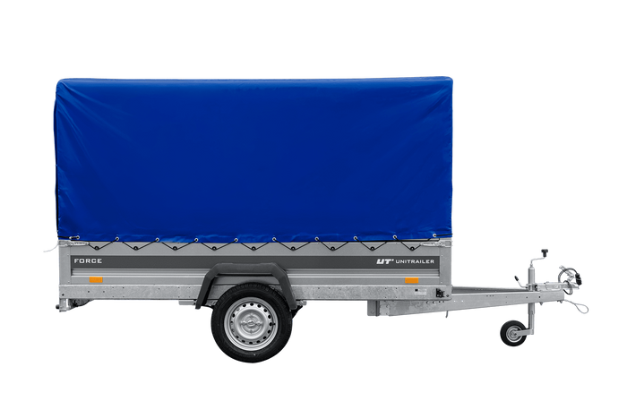 Jednonápravový přívěs na pružinách 264x125 UNITRAILER FORCE 264/R KIPP s rámem H-1100 a modrým krytem