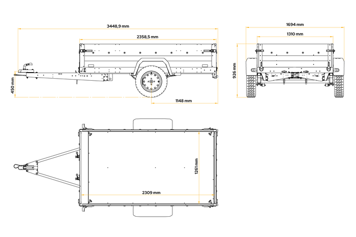 Lehký přívěs na pružinách 230x125 UNITRAILER FORCE 230/R KIPP s pletivovými bočnicemi, rámem H-0 a modrým krytem