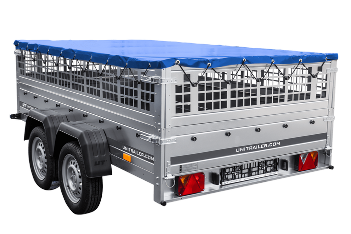 Lehký přívěs 264x150 UNITRAILER GARDEN 265/2 KIPP s pletivovými bočnicemi, rámem H-0 a modrým krytem
