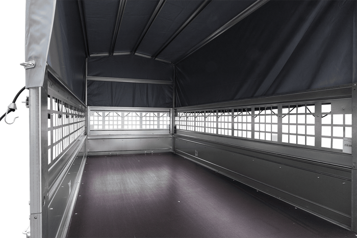 Přívěs pro auto 264x125 UNITRAILER GARDEN 264 KIPP s pletivovými bočnicemi, rámem H-800 a šedým krytem