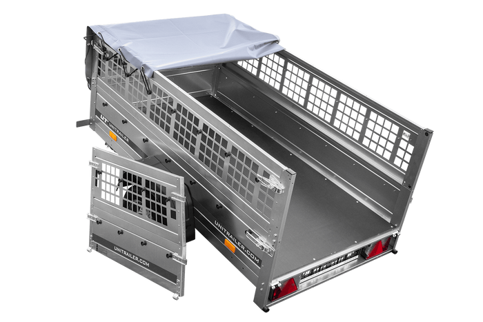 Jednonápravový přívěs 200x106 UNITRAILER GARDEN 200 KIPP s pletivovými bočnicemi a šedou plachtou