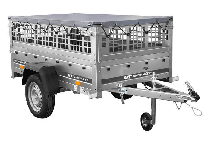 Jednonápravový přívěs 200x106 UNITRAILER GARDEN 200 KIPP s pletivovými bočnicemi, rámem H-0 a šedým krytem