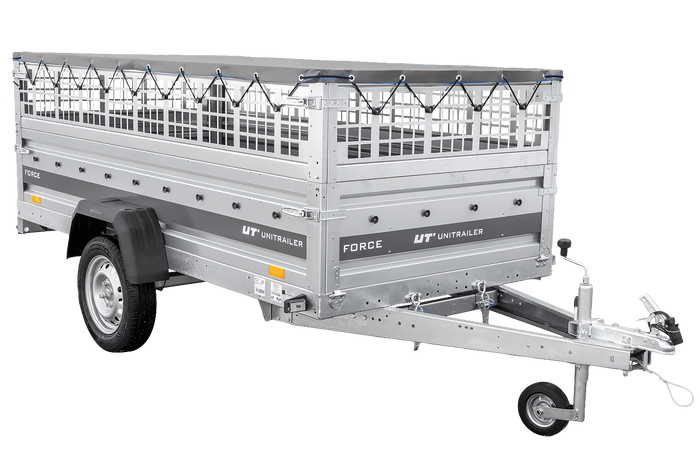 Jednonápravový přívěs 264x125 UNITRAILER FORCE 264 KIPP s pletivovými bočnicemi, rámem H-0 a šedým krytem