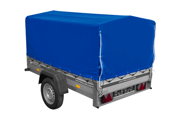 Jednonápravový přívěs s hliníkovými bočnicemi 200x125 Unitrailer Garden 201 KIPP ALU s rámem H-800 a modrým krytem