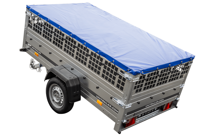 Přívěs za auto 230x125 UNITRAILER GARDEN 230 KIPP s bočnicemi ze síťoviny a modrou plachtou