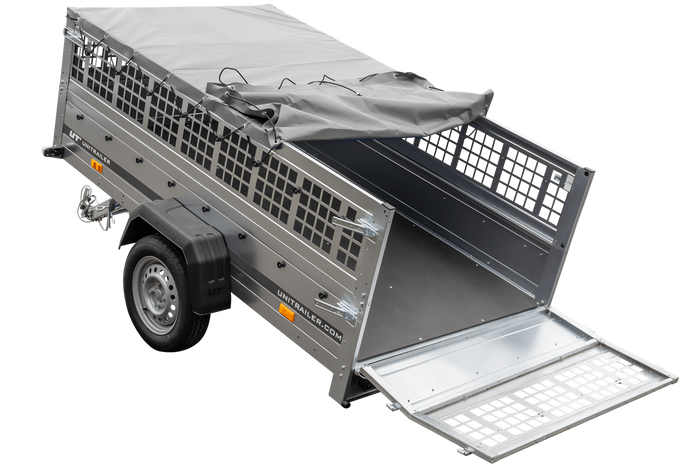Přívěs za auto 230x125 UNITRAILER GARDEN 230 KIPP s pletivovými bočnicemi a šedou plachtou